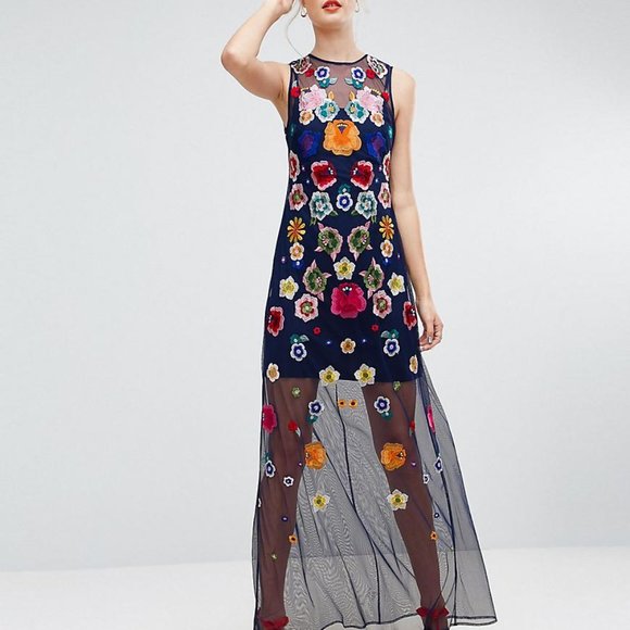 embroidered mesh maxi dress